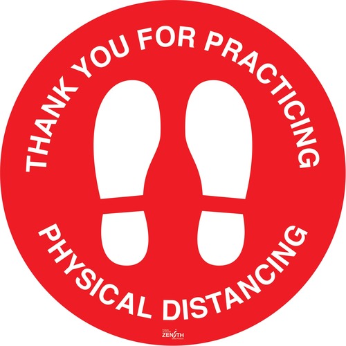 Zenith "Physical Distancing" Floor Sign - Thank You For Practicing Physical Distancing Print/Message - 17" (431.80 mm) Width x 17" (431.80 mm) Height - Circle Shape - Adhesive, Durable, Laminated, Slip Resistant, Pre-printed, Pictogram - Vinyl - Red, Whit - Safety/Caution Signs - ZENSGU322