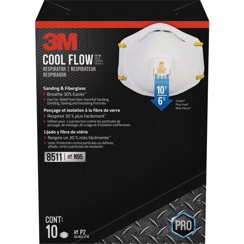 3M Cool Flow Pro Safety Respirator - Recommended for: Sanding, Grinding, Sweeping, Sawing, Woodworking - Disposable, Breathable, Advanced Electret Media, Soft, Stretchable, Comfortable, Adjustable Nose Clip, Lightweight, Latex-free - One Size Size - Dust, - Safety Masks - MMM8511H10DCPS