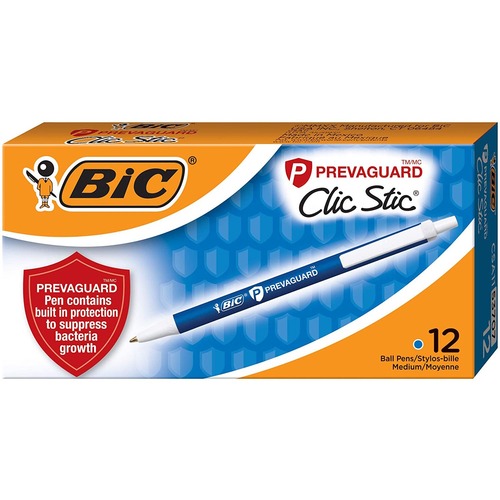 BIC PrevaGuardClic Stic Retractable Ball Point Pens - Medium Pen Point - 1 mm Pen Point Size - Retractable - Blue - 12 / Box