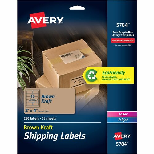 Avery® Shipping Labels,, Kraft Brown, 2" x 4" , 250 Labels (5784) - 2" Height x 4" Width - Permanent Adhesive - Rectangle - Laser, Inkjet - Kraft Brown - Paper - 10 / Sheet - 25 Total Sheets - 250 Total Label(s) - 5 / Carton - Permanent Adhesive, Recy