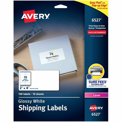 Avery® Shipping Labels, Glossy White, 2" x 4" , 100 Total (6527) - 2" Height x 4" Width - Permanent Adhesive - Rectangle - Laser - White - Paper - 10 / Sheet - 10 Total Sheets - 100 Total Label(s) - 5 / Carton - Permanent Adhesive, Peel & Stick, Pop U