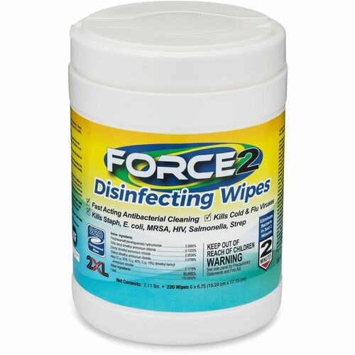 2XL FORCE2 Disinfecting Wipes - 6.75" Length x 6" Width - 220 / Tub - 1 Each - Fast Acting, Non-toxic, Non-irritating, Pre-moistened, Alcohol-free, Phenol-free, Bleach-free, Ammonia-free - White
