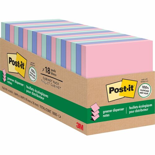 Post-it® Greener Dispenser Notes - 3" x 3" - Square - 100 Sheets per Pad - Positively Pink, Fresh Mint, Moonstone - Paper - Self-stick, Removable, Recyclable, Pop-up, Residue-free, Eco-friendly - 1800 / Pack - Recycled