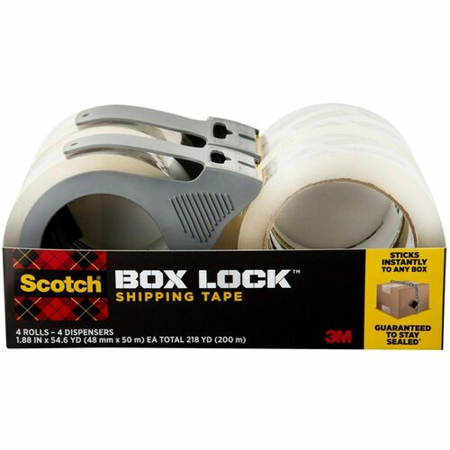 Scotch Box Lock Dispenser Packaging Tape - 55 yd Length x 1.88" Width - Dispenser Included - 4 / Pack - Clear