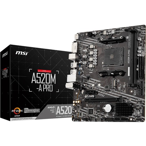 MSI A520M-A PRO Desktop Motherboard - AMD A520 Chipset - Socket AM4 - Micro ATX - 64 GB DDR4 SDRAM Maximum RAM - DIMM, UDIMM - 2 x Memory Slots - Gigabit Ethernet - HDMI - 4 x SATA Interfaces