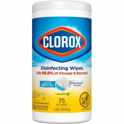 Clorox Disinfecting Cleaning Wipes Value Pack - Bleach-free - Ready-To-Use - Crisp Lemon Scent - 75 / Can - 6 / Carton - Anti-bacterial - White