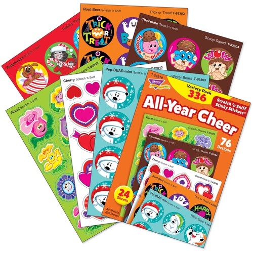 Trend All-Year Cheer Scratch 'n Sniff Stinky Stickers Variety Pack - Holiday Pals, Winter Bears, Scoop Squad, Friendly Flowers, Friendship Bears, Sweet Hearts, Fall Friends, Appealing Apples, Trick or Treat!, Colourful Skulls - Acid-free, Non-toxic, Photo
