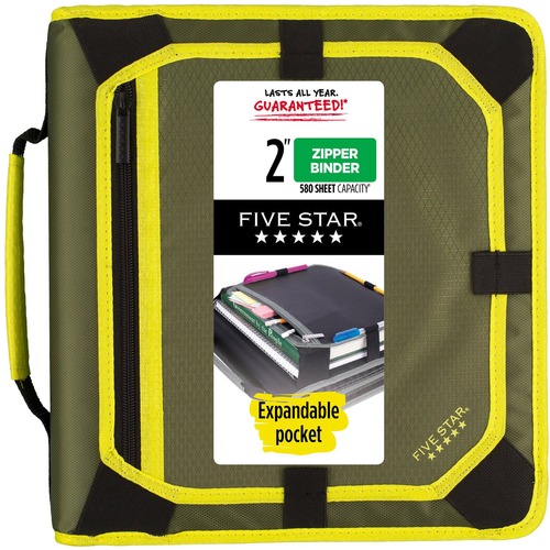 Five Star Zipper Binder With Expansion Panel, 2" Rings, Assorted Colors - 2" Binder Capacity - Letter - 8 1/2" x 11" Sheet Size - 380 Sheet Capacity - 3 x Round Ring Fastener(s) - 5 Pocket(s) - Fabric - Assorted - Zipper Closure, Expandable, Pen Loop, Hoo