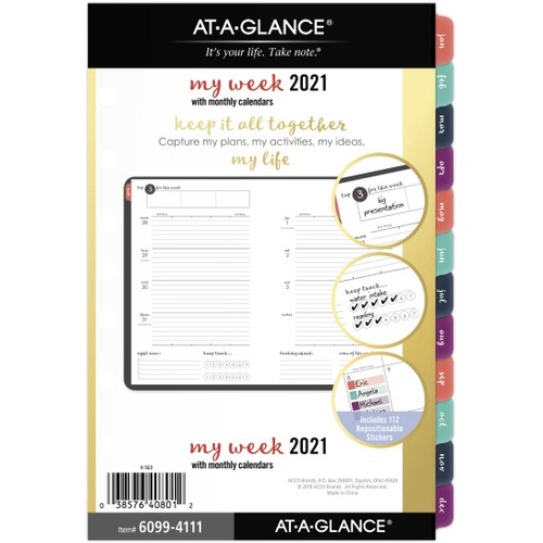 At-A-Glance Planner Refill - Daily, Monthly, Weekly - 12 Month - 2021 - December - White Sheet - 7 x Holes - Paper - 8.5" Height x 5.5" Width - Appointment Schedule, Ruled Planning Space, Checklist, Goal Section, Unruled Daily Block, Tabbed, Important Dat
