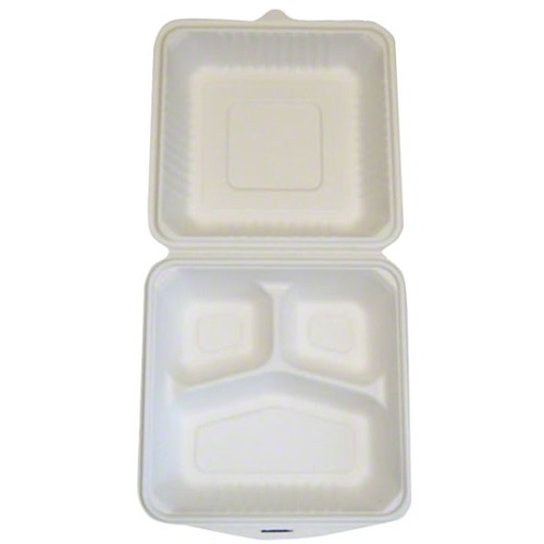 Bunzl 3-Section Hinged-Paper Food Containers, 8" x 8" , Carton Of 200 - Salad, Food - 2 Carton