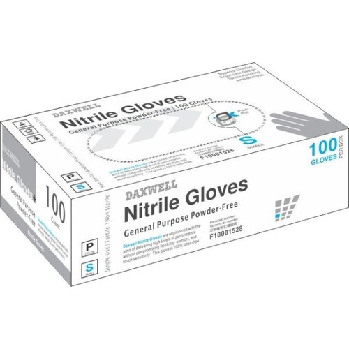 Daxwell Powder-Free Nitrile Gloves, Small, Box Of 100 - Small Size - Durable, Stretchable, Water Resistant - For General Purpose - 100 / Box