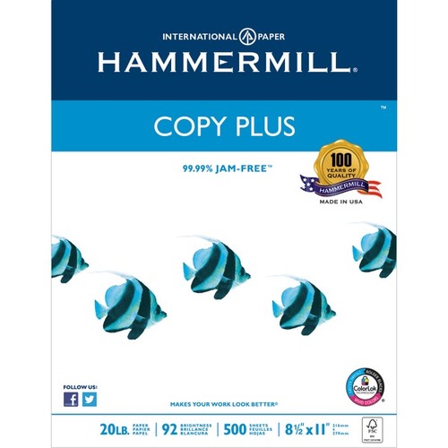 Hammermill Paper, Copy Plus MP, Letter Size (8 1/2" x 11"), 20 Lb, Ream Of 500 Sheets - 92 Brightness - Letter - 8 1/2" x 11" - 20 lb Basis Weight - Acid-free, ColorLok Technology, Jam-free, Fade Resistant, Non-yellowing, Chlorine-free - White - 500 / Rea
