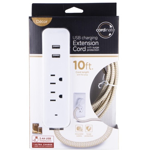 Cordinate 4-Outlet 16-Gauge USB Extension Cord With Surge Protection, 10', Tan/White - 2 x AC Power, 2 x USB - 250 J - 13 A - 10 ft