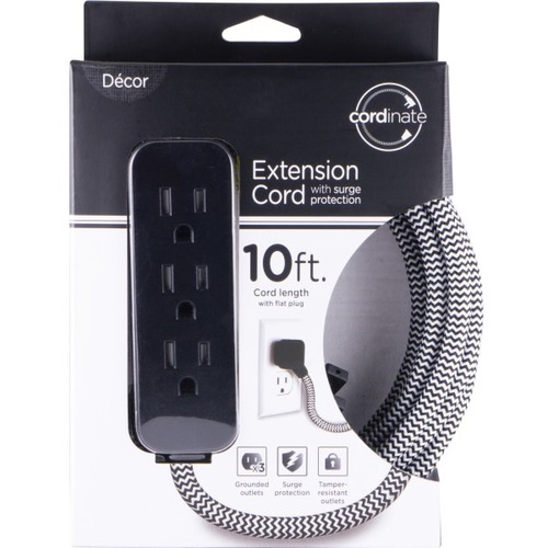 Cordinate 3-Outlet 16-Gauge Extension Cord With Surge Protection, 10', Black/White - 3 x AC Power - 250 J - 13 A - 10 ft