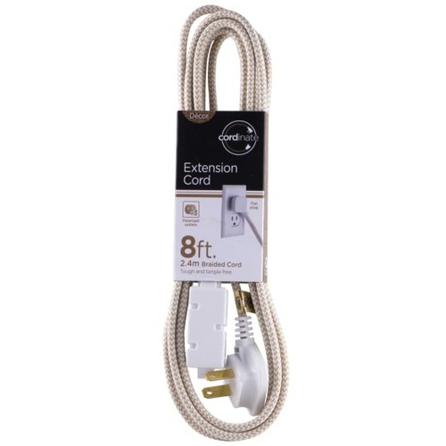 Cordinate Braided 3-Outlet Extension Cord, 8', Tan/White - 3 x AC Power - 13 A - 8 ft