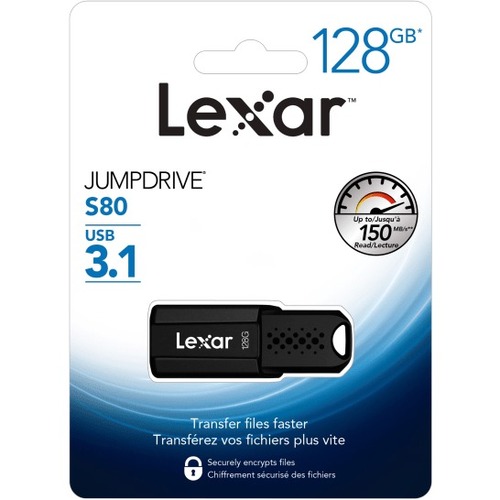 Lexar JumpDrive S80 USB 3.1 Flash Drive, 128GB, Black, LJDS80-128BNBNU - 128 GB - USB 3.1 - 120 MB/s Read Speed - 60 MB/s Write Speed - Black - 2 Year Warranty - 1 Each
