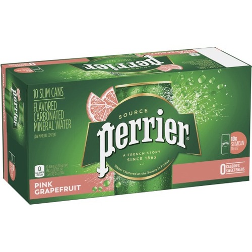 Perrier Slim Can Mineral Water, 8.45 Oz, Pink Grapefruit, Carton Of 10 - Ready-to-Drink - Sugar Free - 8.45 fl oz (250 mL) - 10 / Carton / Can