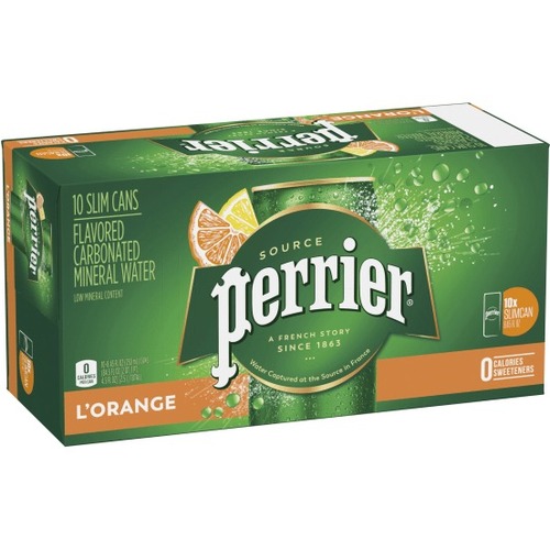 Perrier Sparkling Mineral Water, L'Orange/Lemon Orange, 8.45 Oz, Pack Of 10 - Ready-to-Drink - 8.45 fl oz (250 mL) - 10 / Pack