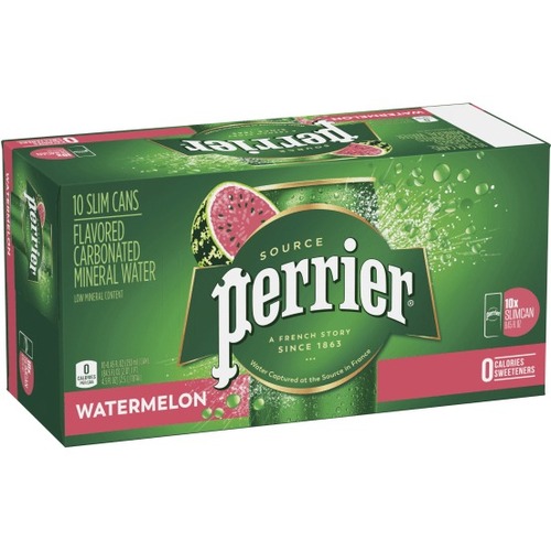 Perrier Sparkling Mineral Water, Watermelon, 8.45 Oz, Pack Of 10 Cans - Ready-to-Drink - 8.45 fl oz (250 mL) - 10 / Pack / Can