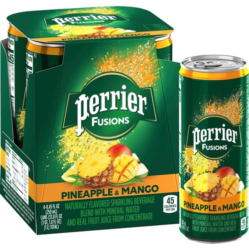 Perrier And Juice Drink, Pineapple And Mango, 8.45 Oz, Pack Of 4 Cans - Ready-to-Drink - 8.45 fl oz (250 mL) - 4 / Pack / Can