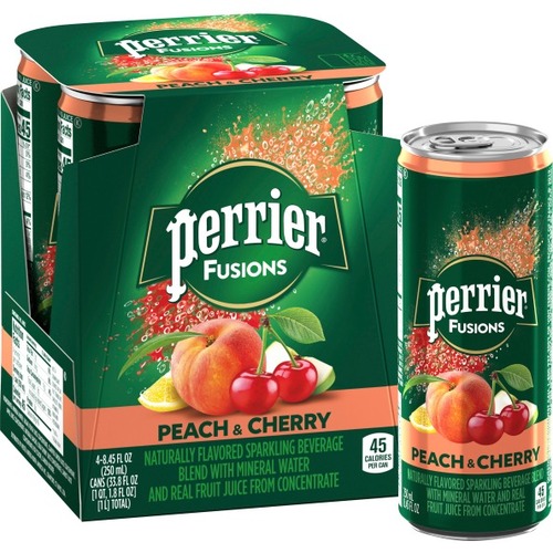 Perrier And Juice Drink, Peach And Cherry, 8.45 Oz, Pack Of 4 Cans - Ready-to-Drink - 8.45 fl oz (250 mL) - 4 / Pack / Can