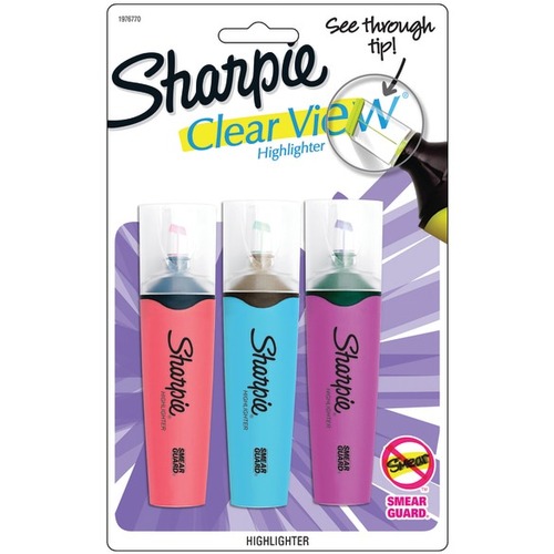 Sharpie Clear View Fluorescent Highlighters, Chisel Tip, Assorted Colors, Pack Of 3 - Chisel Marker Point Style - Blue, Coral, Purple - 3 / Pack