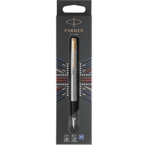 Parker Jotter Fountain Pen - Medium Pen Point - 1 mm Pen Point Size - Refillable - Blue Water Based Ink - Chrome Stainless Steel, Stainless Steel Barrel - 1 Pack