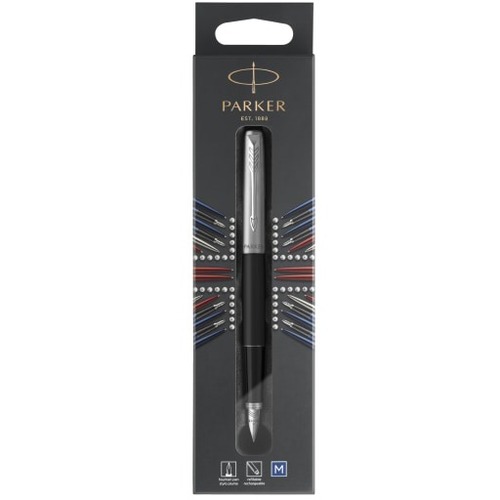 Parker Jotter Fountain Pen - Medium Pen Point - 1 mm Pen Point Size - Refillable - Blue Water Based Ink - Black Stainless Steel, Stainless Steel Barrel - Metal Tip - 1 Pack