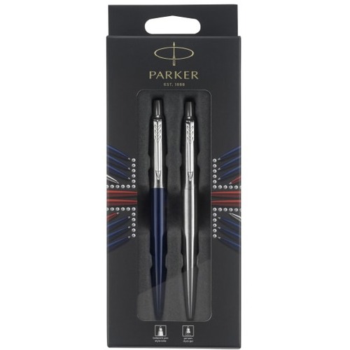 Parker Jotter London Duo Pen Set, Medium/Fine Points, Black Ink/Blue Ink - Fine, Medium Pen Point - 1 mm Pen Point Size - Refillable - Black Gel-based, Blue Ink - Royal Blue, Stainless Steel Barrel - Metal - Retractable - 2 Pack