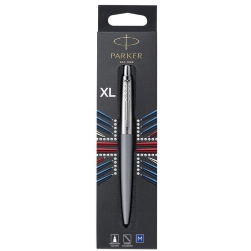 Parker Jotter Ballpoint Pen - Medium Pen Point - 1 mm Pen Point Size - Refillable - Retractable - Blue Dye-based Ink - Gray Stainless Steel, Stainless Steel Barrel - 1 Pack