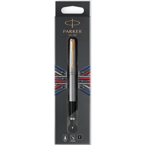 Parker Jotter Rollerball Pen - Fine Pen Point - 0.5 mm Pen Point Size - Refillable - Black - Stainless Steel Stainless Steel, Gold Barrel - 1 Pack