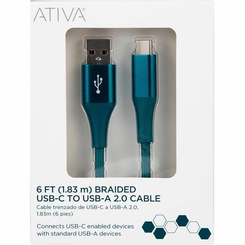 Ativa® USB Type-C To USB Type-A Cable, 6', Emerald, 45398 - 6 ft USB/USB-C Data Transfer Cable for Notebook - Emerald