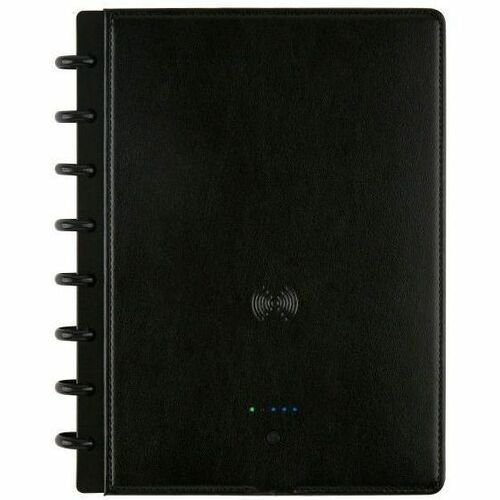 TUL® Wireless/Wired Charging Discbound Notebook, Leather Cover, Junior Size, Black - 120 Subject(s) - 60 Pages - Disc - Narrow Ruled - Junior - 8 1/2" x 5 1/2" - 8.50" x 5.5" x 0.8" - White Paper - BlackLeather Cover - Refillable - Recycled - 1 Each