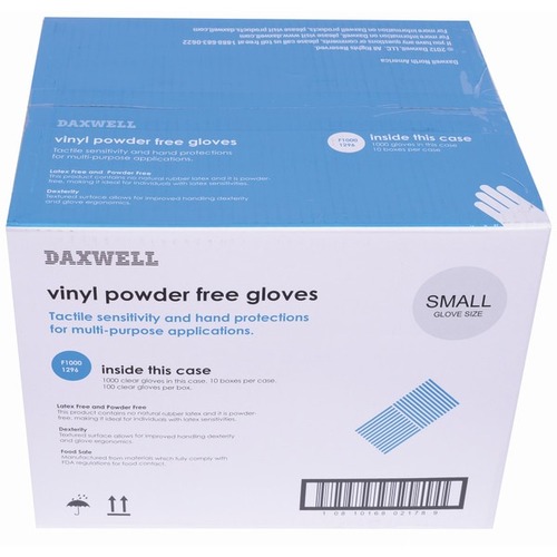 Daxwell Daxwell Vinyl Gloves, Small, Clear, 100 Gloves Per Pack, Box Of 10 Packs - Small Size - Clear - For General Purpose - 100 / Pack