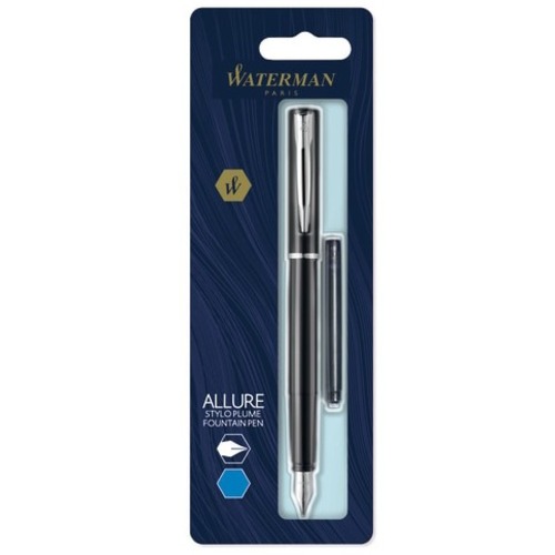 Waterman Allure Fountain Pen, Fine Point, 0.5 mm, Black Barrel, Blue Ink - Fine Pen Point - 0.5 mm Pen Point Size - Refillable - Blue Pigment-based Ink - Black Barrel - Steel Tip - 1 Pack