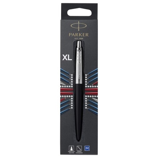 Parker Jotter Ballpoint Pen - Medium Pen Point - 1 mm Pen Point Size - Refillable - Retractable - Blue Dye-based Ink - Black Stainless Steel, Stainless Steel Barrel - 1 Pack