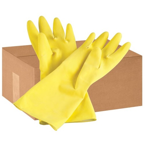 Tradex Flock-Lined Latex General Purpose Gloves, Medium, Yellow, Pack Of 24 - Odor, Chemical, Hand Protection - Medium Size - Yellow - Reusable, Comfortable, Chemical Resistant, Embossed Grip, Non-slip Grip, Heavy Duty, Sweat Absorbing - For Food Service,
