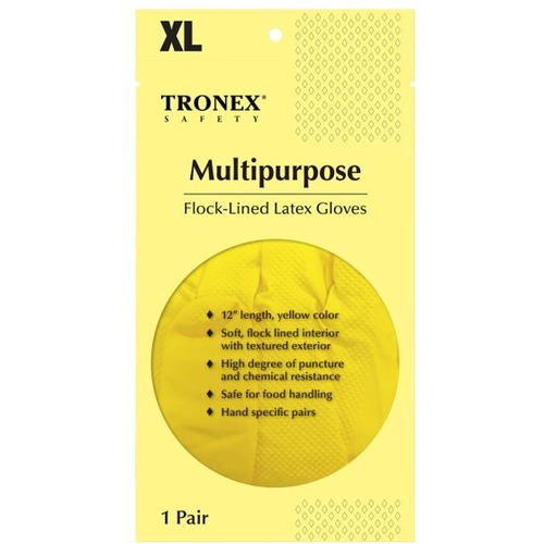Tronex Flock-Lined Rubber Latex Multipurpose Gloves, X-Large, Yellow, Pack Of 24 - Abrasion, Hazardous Material Protection - Extra Large Size - Yellow - Textured Grip, Raised Diamond Grip, Puncture Resistant, Comfortable, Durable, Reusable, Flock-lined - 