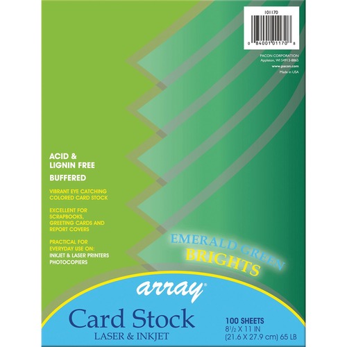 Pacon Color Brights Cardstock - Emerald Green - Letter - 8 1/2" x 11" - 65 lb Basis Weight - 100 / Pack - Acid-free, Recyclable, Lignin-free, Buffered - Emerald Green