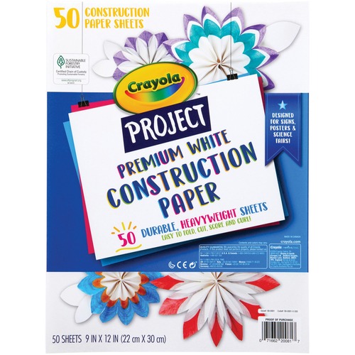 Crayola Premium Construction Paper - Art Project, Craft Project, Coloring, Home - 12" Height x 9" Width - White - Fiber - 50 / Pack
