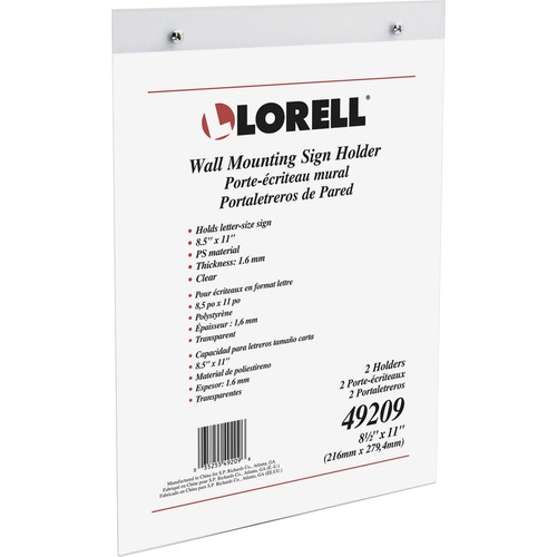 Lorell Wall-Mounted Sign Holders - Support 8.50" x 11" Media - Acrylic - 2 / Pack - Clear