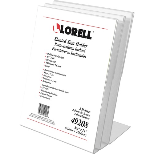 Lorell L-base Slanted Sign Holder Stand - Support 8.50" x 11" Media - Acrylic - 3 / Pack - Clear