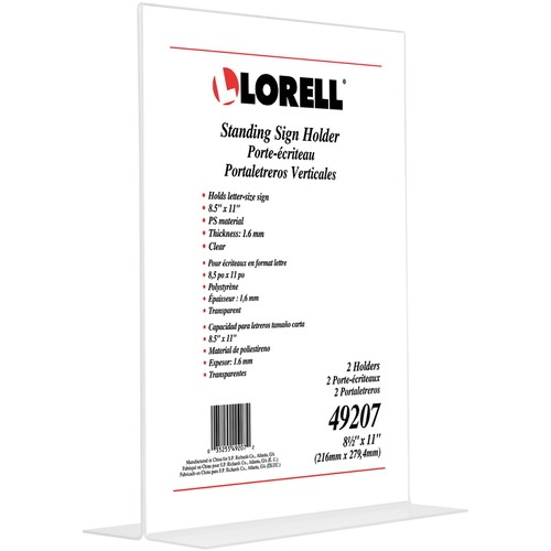 Lorell T-base Standing Sign Holders - Support 8.50" x 11" Media - Acrylic - 2 / Pack - Clear
