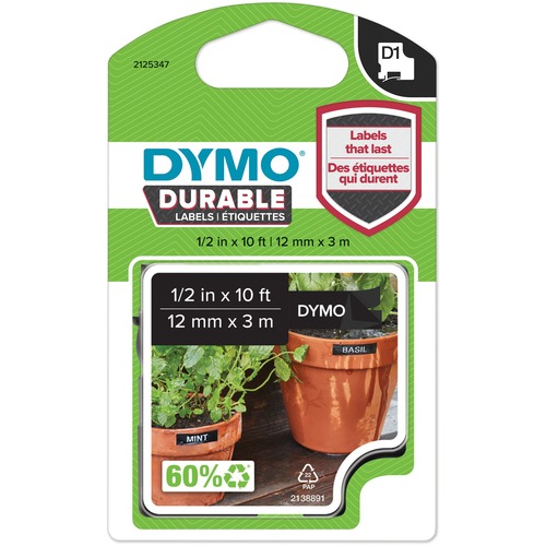 Dymo Durable D1 Labels - 1/2" - Rectangle - Black - 1 Each