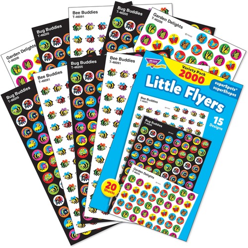Trend Little Flyers superSpots & superShapes Stickers Variety Pack - Bug Buddies, Garden Delights, Bee Buddies - Acid-free, Non-toxic, Photo-safe - 0.44" (11.1 mm) Height - 2000 / Pack - Stickers - TEPT46931