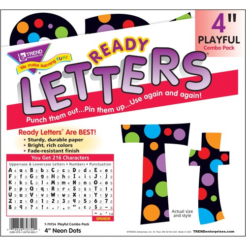Trend Ready Letters Letter & Number - Learning Theme/Subject - Fade Resistant, Durable, Reusable, Sturdy - 4" (101.6 mm) Height - Assorted Neon - 216 / Pack