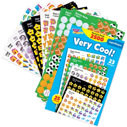 Trend Very Cool! superShapes Stickers Variety Pack - Learning Theme/Subject - Star Brights, Sport Balls, Zoo Animals, Sea Life, Happy Books - Acid-free, Non-toxic, Photo-safe - 0.44" (11.1 mm) Height - 2500 / Pack - Stickers - TEPT46903