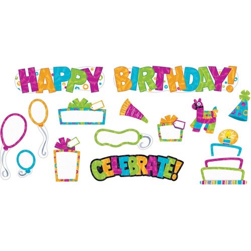 Trend Color Harmony Wipe-Off Birthday Mini Bulletin Board Set - Birthday, Fun Theme/Subject - Celebrate!, Party Hat, Horn, Pinata, Happy Birthday! - Durable, Reusable, Write on/Wipe off - 15 Pieces