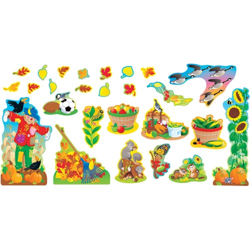 Trend Fall Things Bulletin Board Set - Flying Geese, Blowing Leaves, Busy Animals, Bounty of Fall Vegetables And Fruits - 26 Piece - Classroom Essentials & Certificates - TEPT8174
