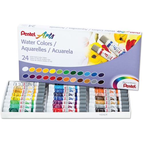 Pentel Water Colors, Set of 24 - 5 mL - 24 / Set - White, Prussian Blue, Naples Yellow, Ultramarine, Yellow, Purple, Emerald Green, Orange, Gray, Red, Lemon Yellow, ...